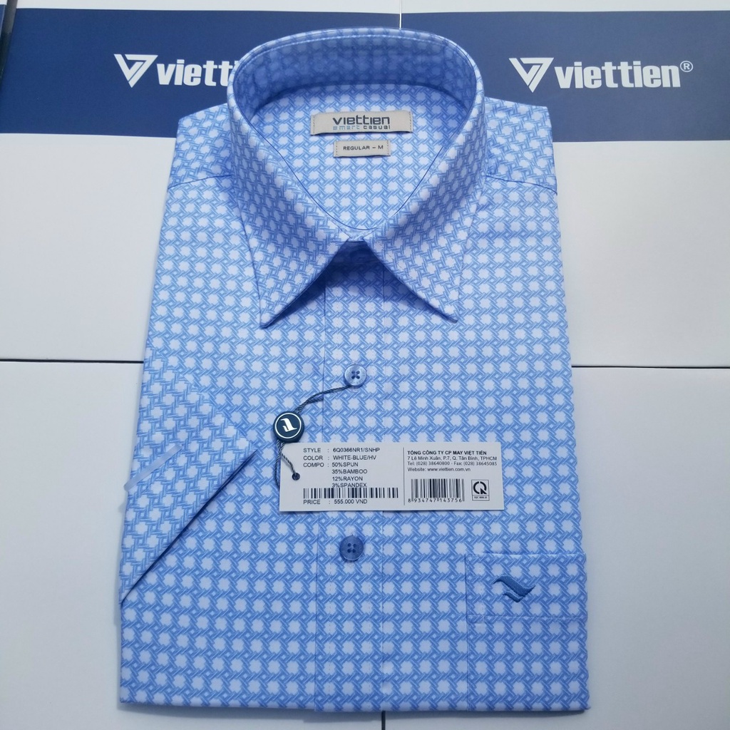 Aó sơ mi Việt Tiến smart casual ngắn tay ,tà ngang mã 6Q0366NR1 chính hãng ,cao cấp - form suông REGULAR -TÀ NGANG