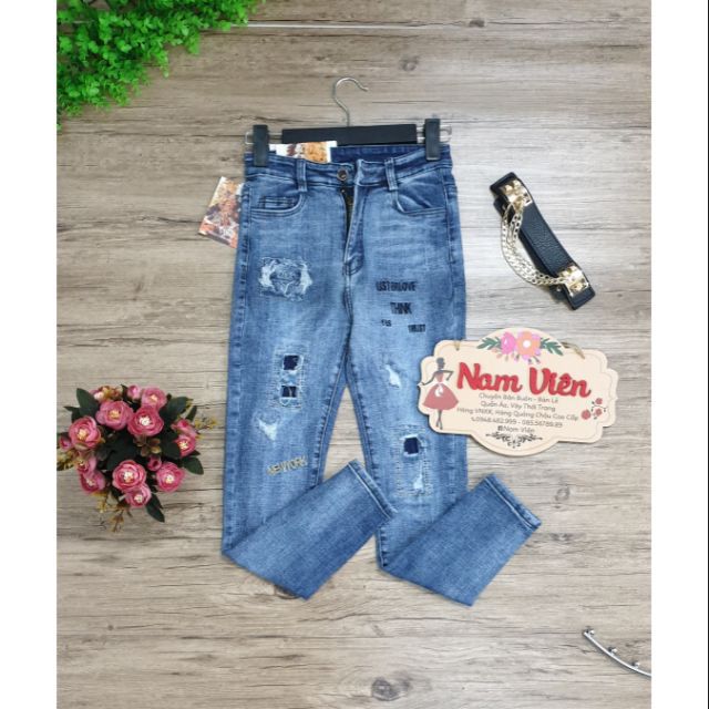 Quần Jeans Nữ Skinny thêu gối 9tấc Lưng Cao
