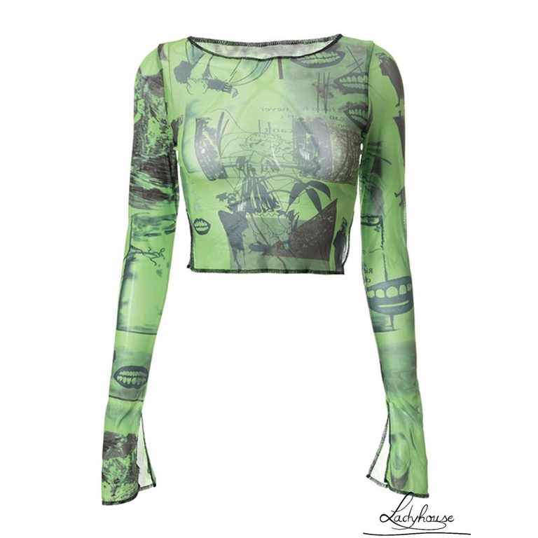 Áo Thun Tay Dài Phối Lưới Hở Rốn In Họa Tiết Thời Trang Cho Nữ