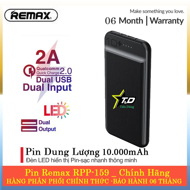 Sạc dự phòng remax rpp-159 dung lượng 10.000mAh hỗ trợ 2 cổng vào và 2 cổng ra