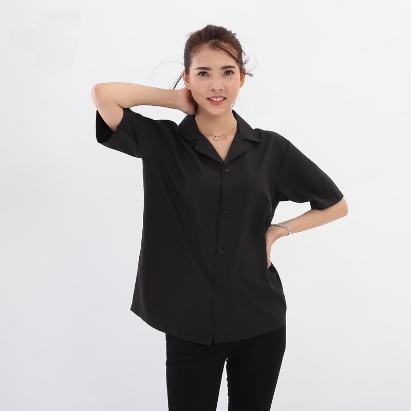 Áo Sơ Mi Đen, Áo Sơ Mi Trắng Cổ Vest ngắn tay form rộng unisex nam nữ vải lụa siêu mát lạnh - MS66 | BigBuy360 - bigbuy360.vn