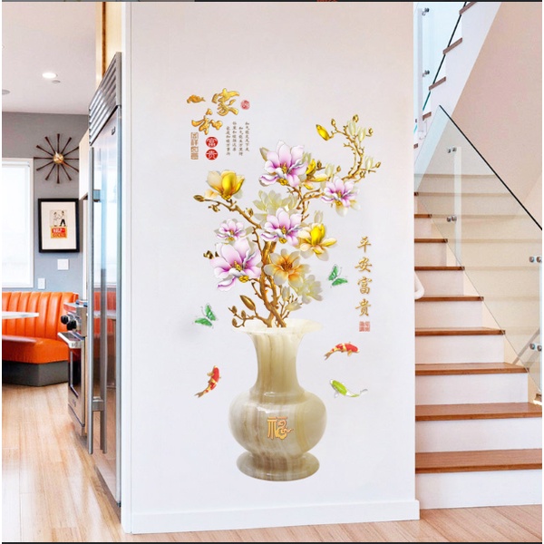 Decal giấy dán tường - mẫu Bình hoa Mai đá màu Tím vàng quý phái