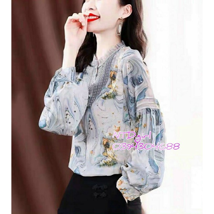 Hàng nhập - Áo sơ mi nữ tơ lụa tay búp sang trọng, áo kiểu công sở họa tiết viền bèo