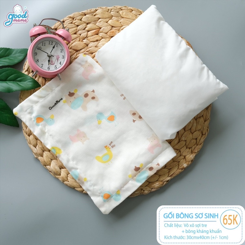 Gối Bông Sơ Sinh Cho Bé Goodmama vỏ xô sợi tre, bông microfiber kháng khuẩn tự nhiên