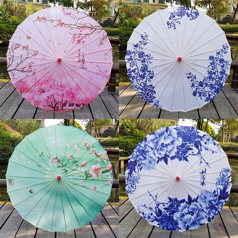 Hàng Có Sẵn|Mùa Mưa|Dù Vải Lụa Phối Giấy Dầu Màu Trắng Xanh Cổ Điển Dùng Biểu Diễn Nhảy Múa