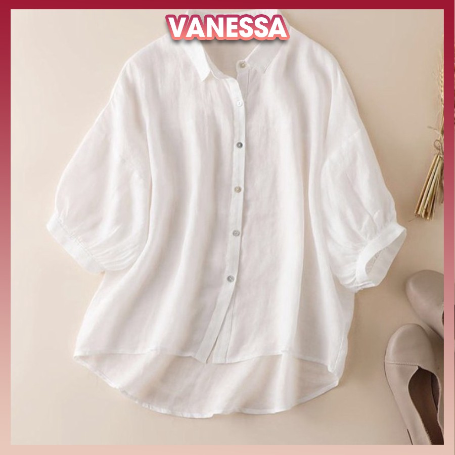 Áo sơ mi nữ kiểu tay lỡ cổ đức form rộng Vanessa Stylish chất liệu đũi tơ mềm nhẹ mát SMH.38