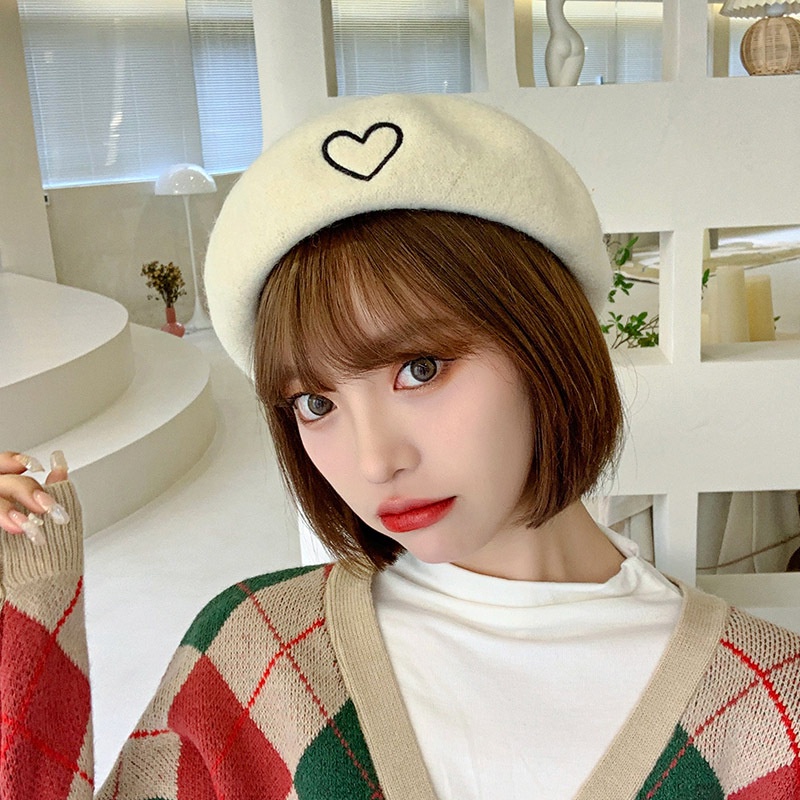 KW®Mũ beret chất dạ xù thêu trái tim xinh xắn hot trend mới mũ nón nón trắng
