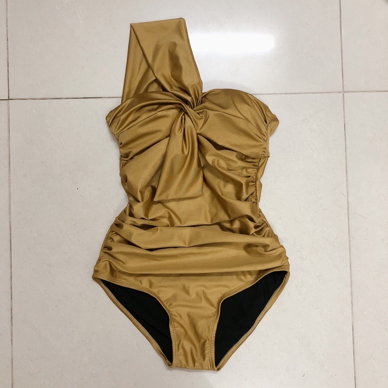 Bikini, đồ bơi liền mảnh chéo vai màu vàng trà ánh kim sang chảnh