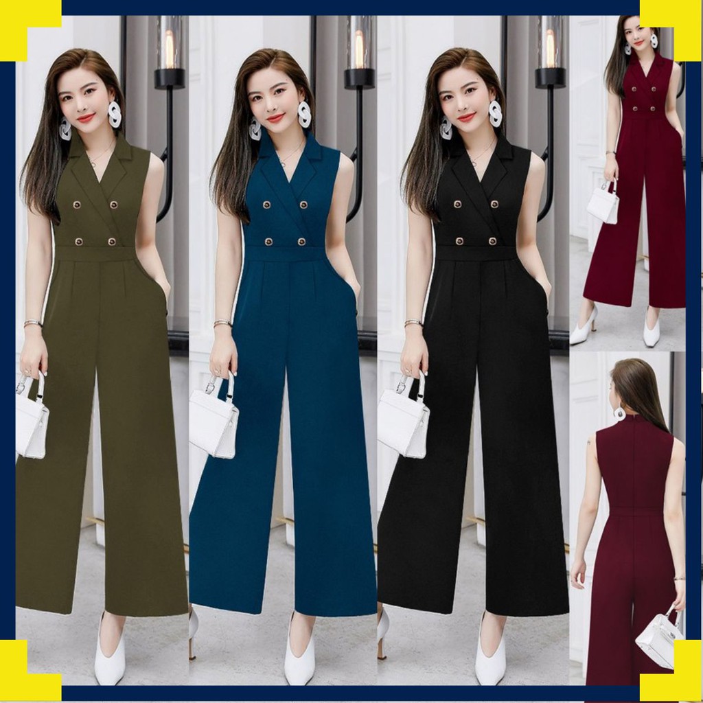 Jumsuit Nữ 🌸FREESHIP🌸 Jum dài ống suông cổ vest phối 4 nút dây kéo lưng xinh xắn Mã: TJ1114