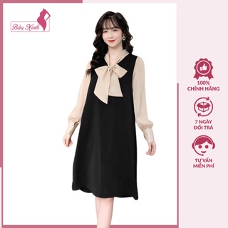 Váy bầu công sở chất lụa hàn tay phối be có nơ buộc sang chảnh size tới 70kg BN20