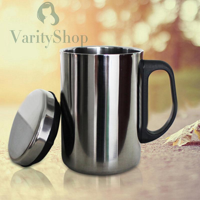 Cốc đựng café 350/500ml bằng thép không gỉ có nắp đậy tay cầm cách nhiệt du lịch dã ngoại tiện dụng