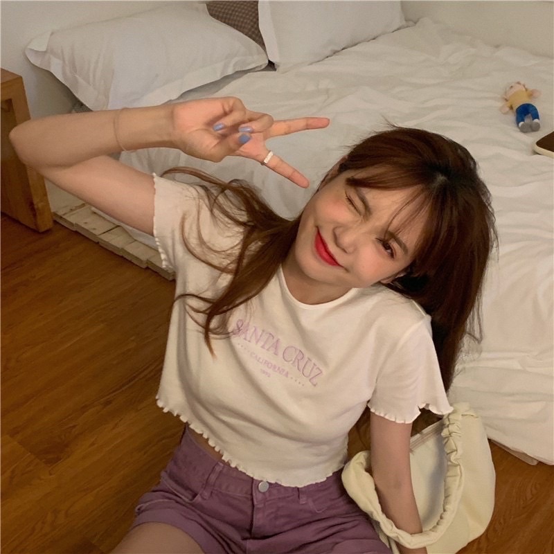 ÁO CROPTOP TAY NGẮN THÊU CHỮ ST TÍM  ChiZi Shop kèm ảnh thật