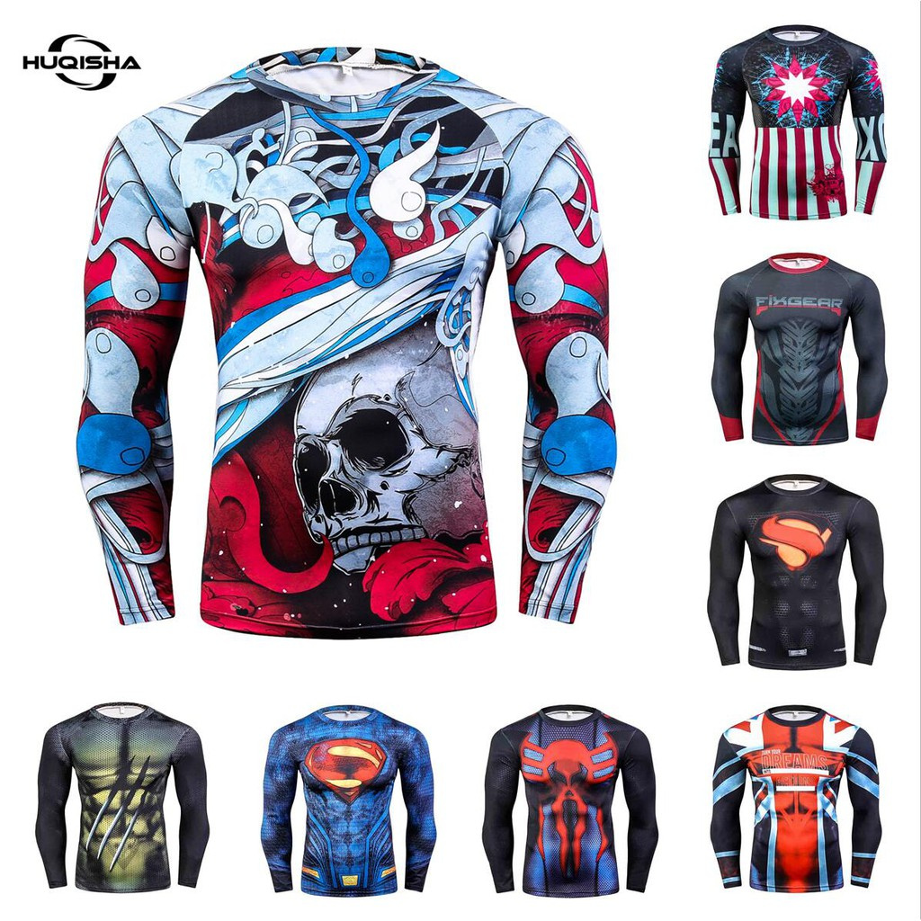 Marvel Movie Punisher Skull / Superman 3D Printed T-shirt Áo phông nam nén dài tay Áo phông thể dục hàng đầu Áo phông mỏng mới lạ