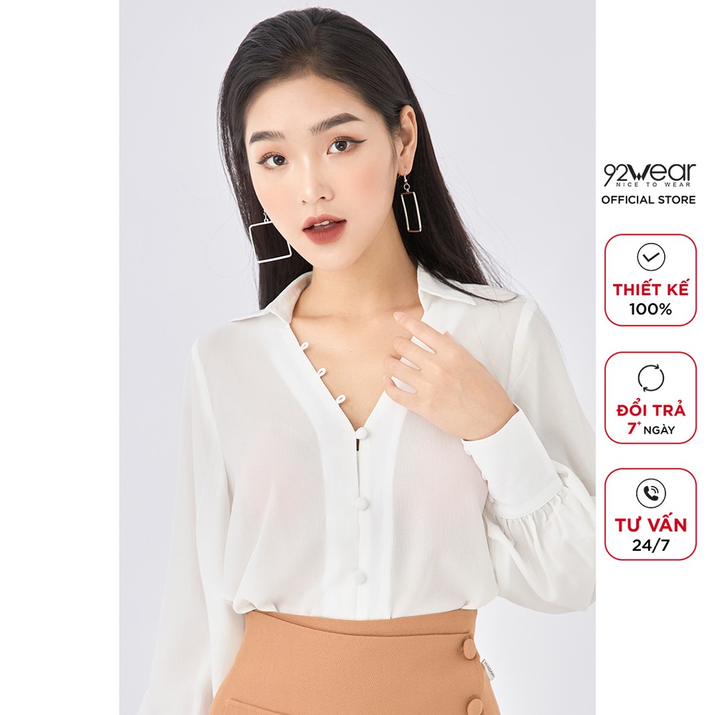 Áo sơ mi nữ công sở 92WEAR dài tay vải voan cổ tim thanh lịch trẻ trung ASA1893