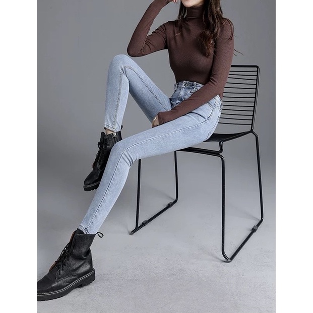 Quần Jean Nữ LULIIJEANS Lưng Cao, Skinny Ôm Co Giãn Chất Đẹp Ống Đứng Lai Cuốn Cạp Cao Trơn Dài Basic | BigBuy360 - bigbuy360.vn