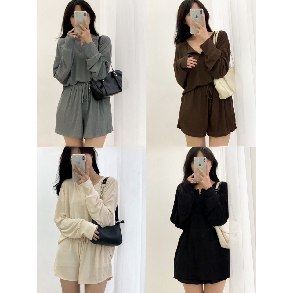 Set Bộ Áo Dài Tay + Quần Short Chất Thun Cát Mềm Rủ Mịn Mát - Hanju