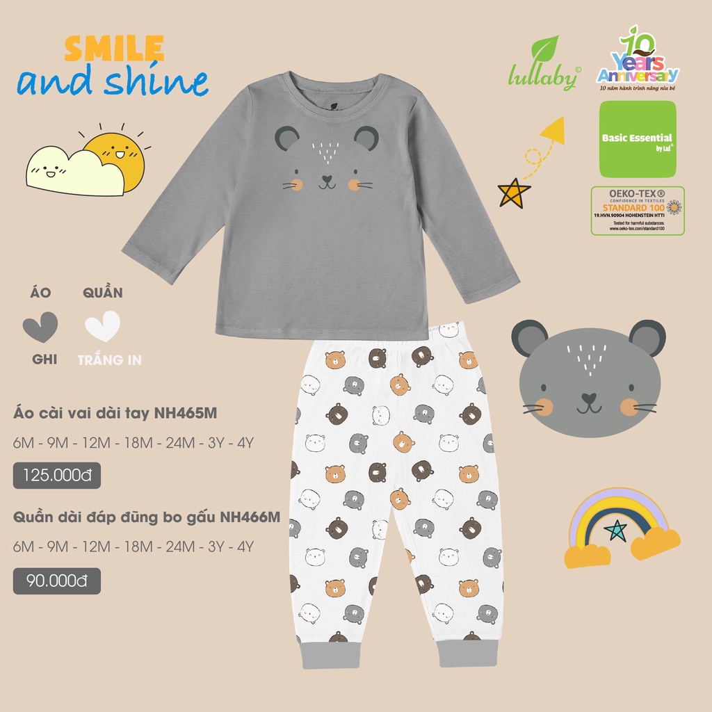 Bộ dài tay thu đông Lullaby chất bambo hoạ tiết gấu Nh465M cho bé (3y 4y không có cúc vai)