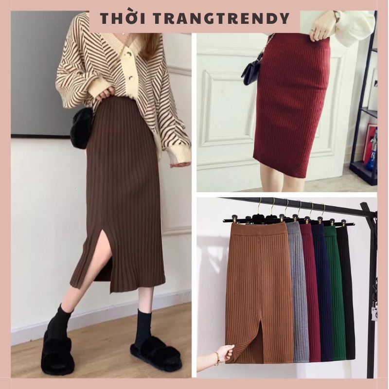 Chân váy bút chì dáng dài len tăm xẻ tà thanh lịch thời trang nữ SP000270-babytee