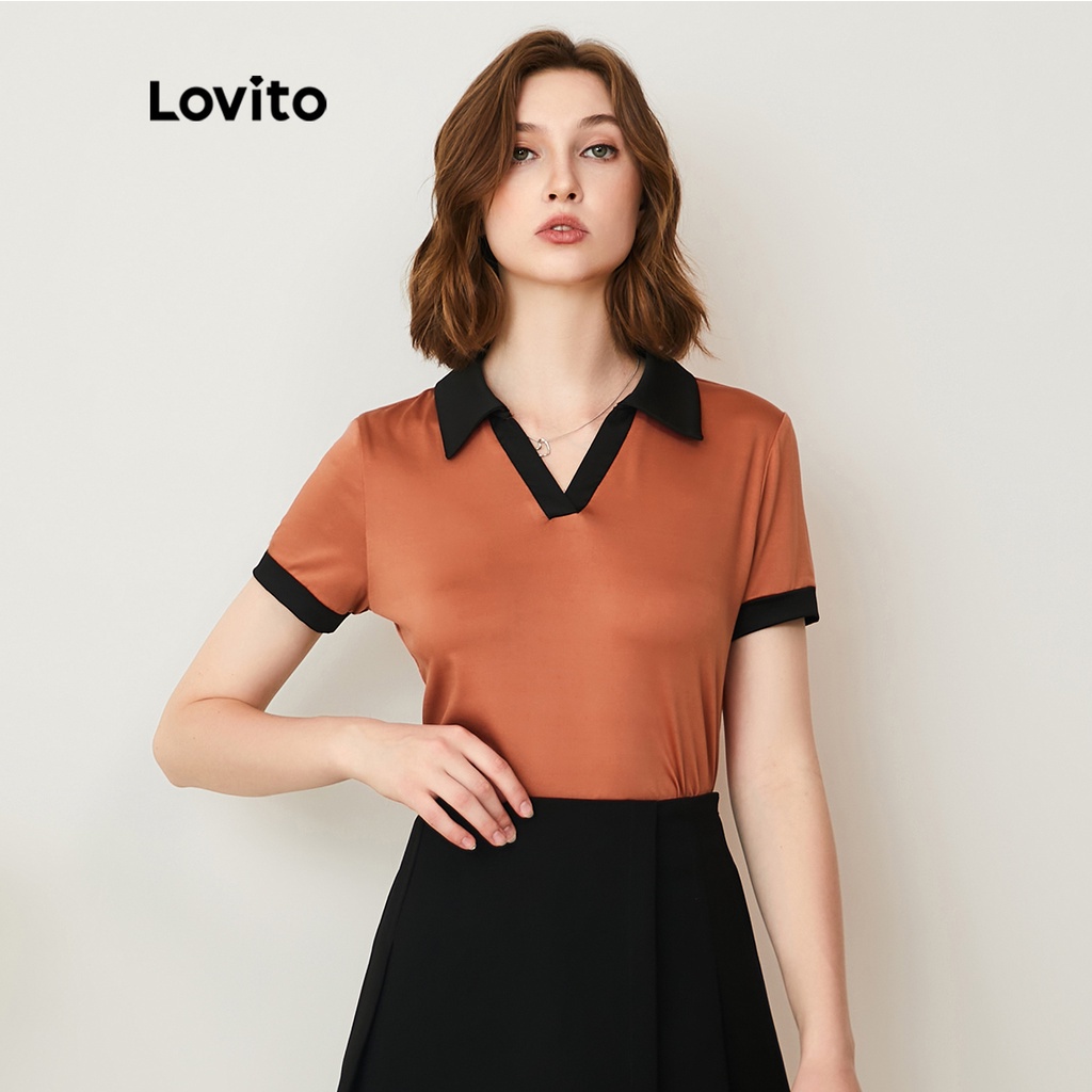 Lovito Áo Thun Trơn Có Cổ Áo Tương PhảN Thông ThườNg Áo Phông BuộC Dây L22AD035 (Nâu)