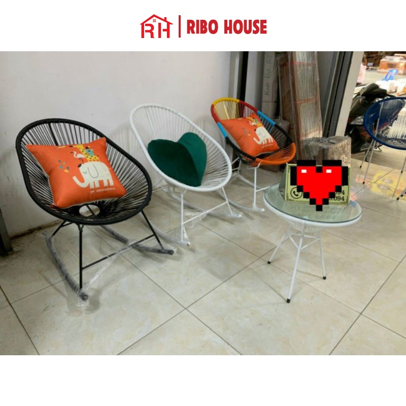 Ghế thư giãn bập bênh RIBO HOUSE giả mây nhựa khung kim loại, ghế để ban công phòng khách trang trí quán cà phê RIBO207