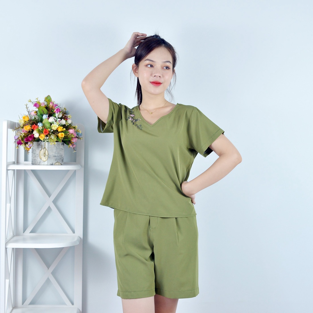 Bộ đồ nữ MÀU RÊU IN HOA VAI SIÊU XINH   - vải lụa cao cấp - Cực Kì Sang Chảnh - Qúy phái