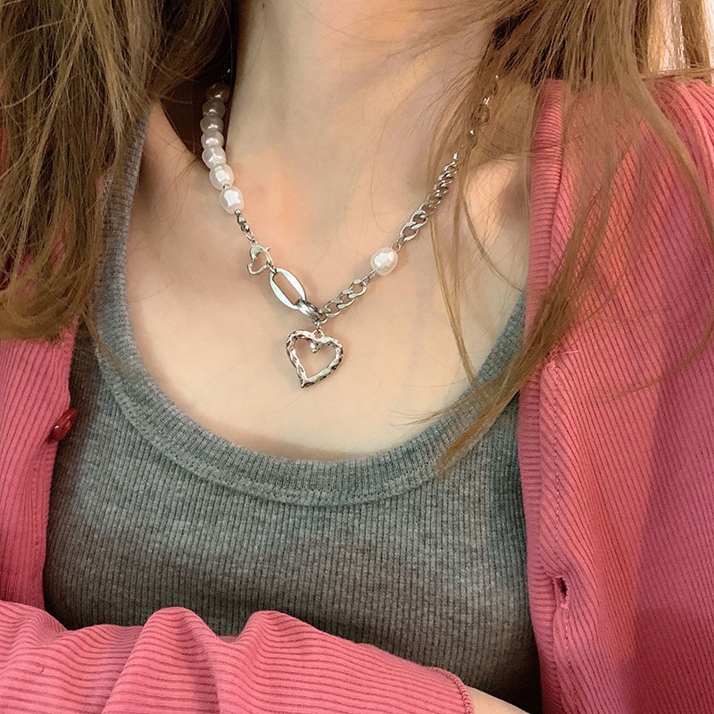 Vòng cổ Thép Không Gỉ Mặt Hình Trái Tim Đính Ngọc Trai Phong Cách Hàn Quốc