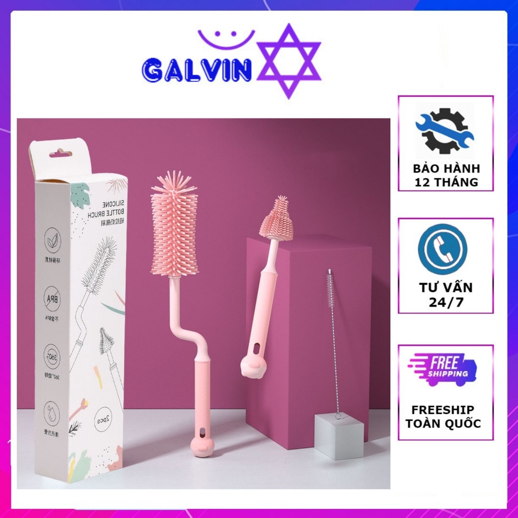 Cọ rửa bình sữa Silicon tay cầm xoay 360 độ siêu sạch - Dụng cụ cọ rửa bình sữa cao cấp 3 in 1 tiện lợi an toàn cho bé