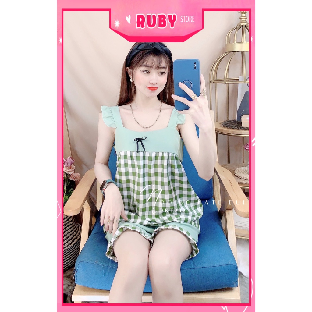 Đồ bộ kate đùi cho nữ mặc nhà vải mềm mát in họa tiết caro nhí dễ thương BKT242