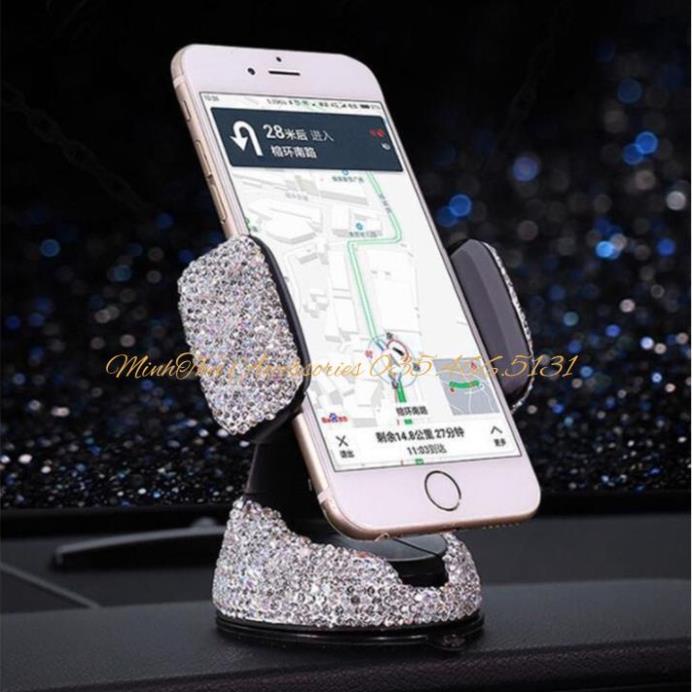 Kẹp Điện Thoại Đính Đá 360 Gắn Taplo, Đế Hít Chân Không Xe Ô Tô
