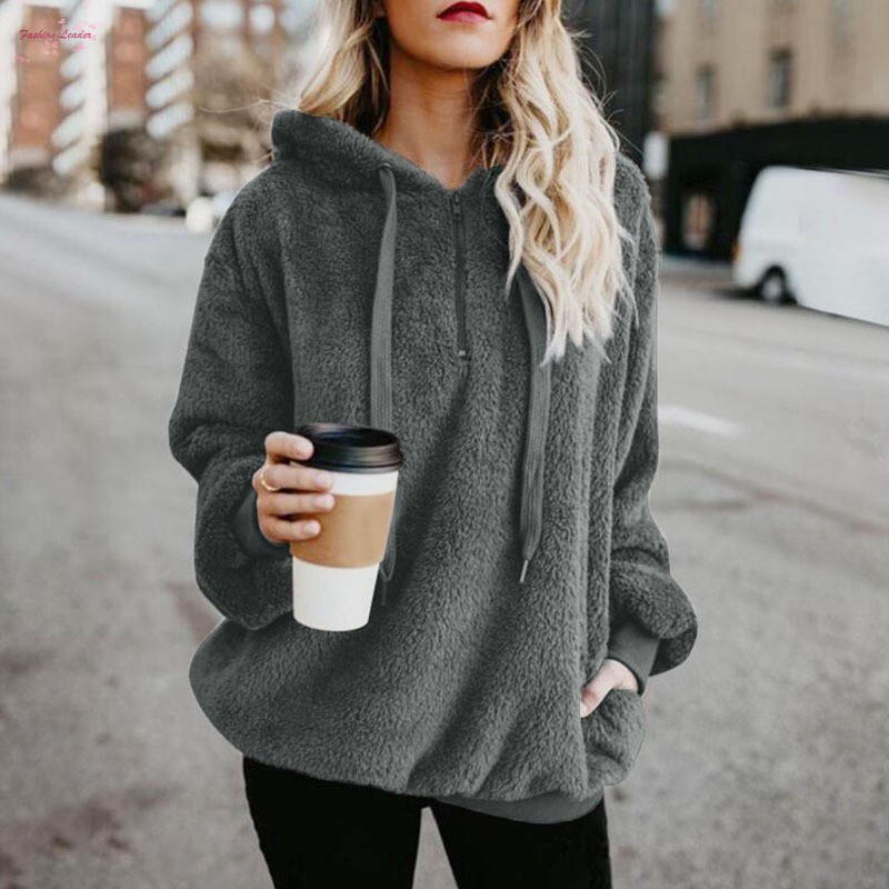 Women Autumn Winter Solid Long Sleeve Sweatshirt Plush Fluffy Hooded Pullover Plus Size 5XL