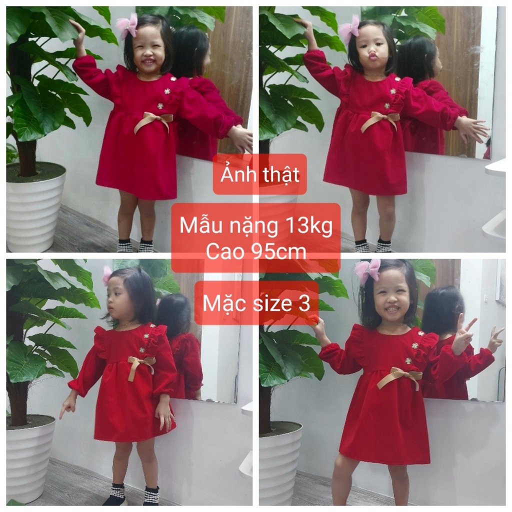Váy nhung babydoll thắt nơ xinh xắn cho bé gái 8- 15kg