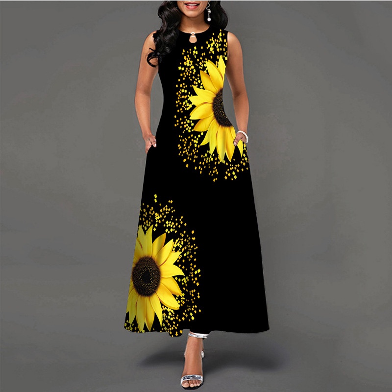 Đầm Maxi Chữ A Không Tay In Họa Tiết Hoa Hướng Dương Plus Size
