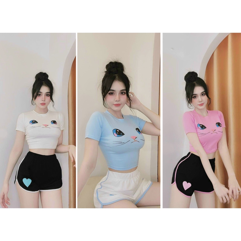 Đồ bộ nữ Tiểu Thư  CÓ SẴN  Sét áo croptop in hình mặt mèo phối quần đùi viền trái tim cực xinh , chất thun bozip đẹp