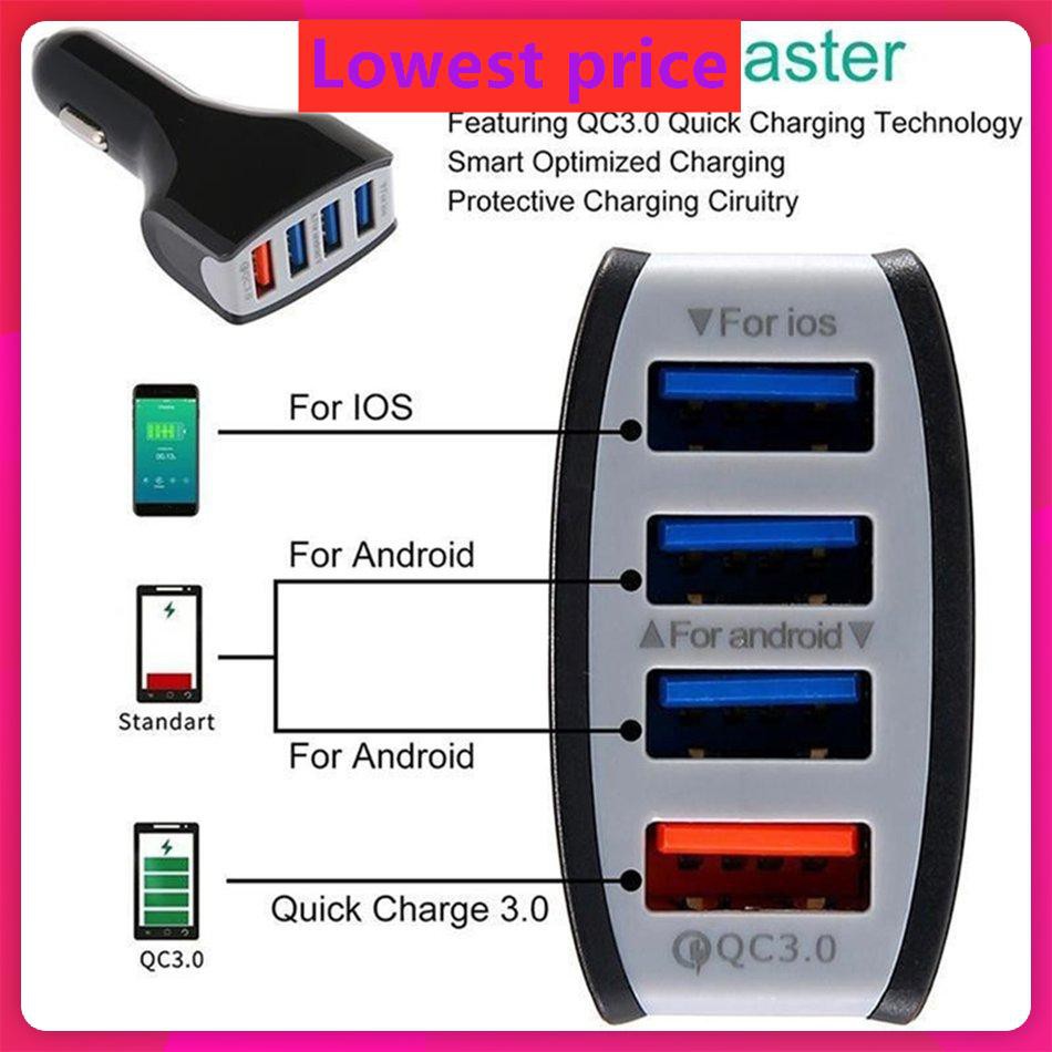 QC3.0 4-Port USB Quick Charger 4 USB Smart Fast Charging Car Charger Adapter