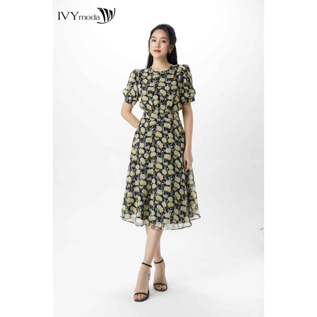 Đầm lụa xòe tay phồng IVY moda MS 48M7378