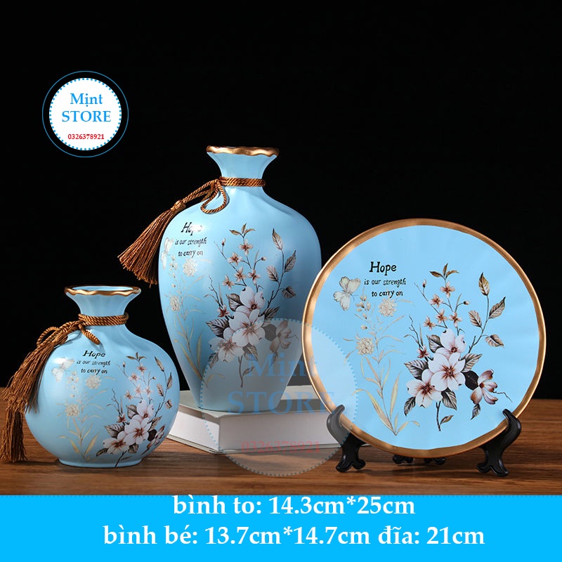 Bình hoa gốm - lọ hoa 3 món, bình lan xanh phong thuỷ MỊNT hút lộc trang trí nhà - kệ ti vi
