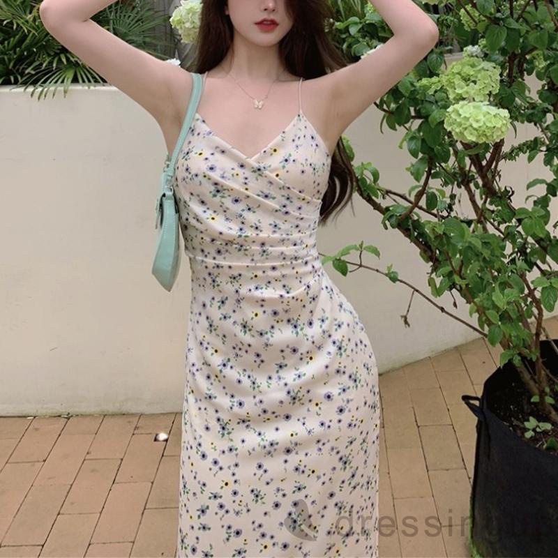 DRE-Female Summer Dress, Floral Print V-Neck Sleeveless Spaghetti Strap Ruched Dress, S/M/L