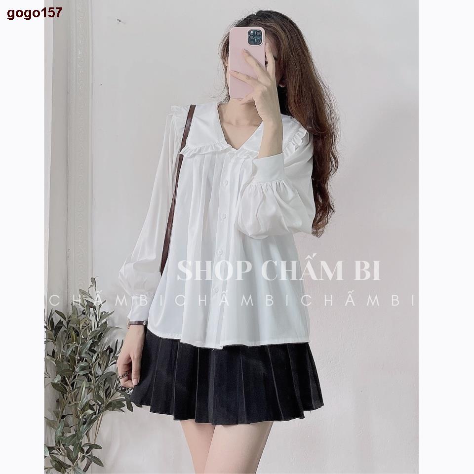 ❉┋⊕gogo157Áo Babydoll Dáng Xòe Xếp Ly 3 Hàng Dọc Ngực Cổ Bèo Sen To Dài Tay Cài Cúc Vải Thô Lụa - A.145