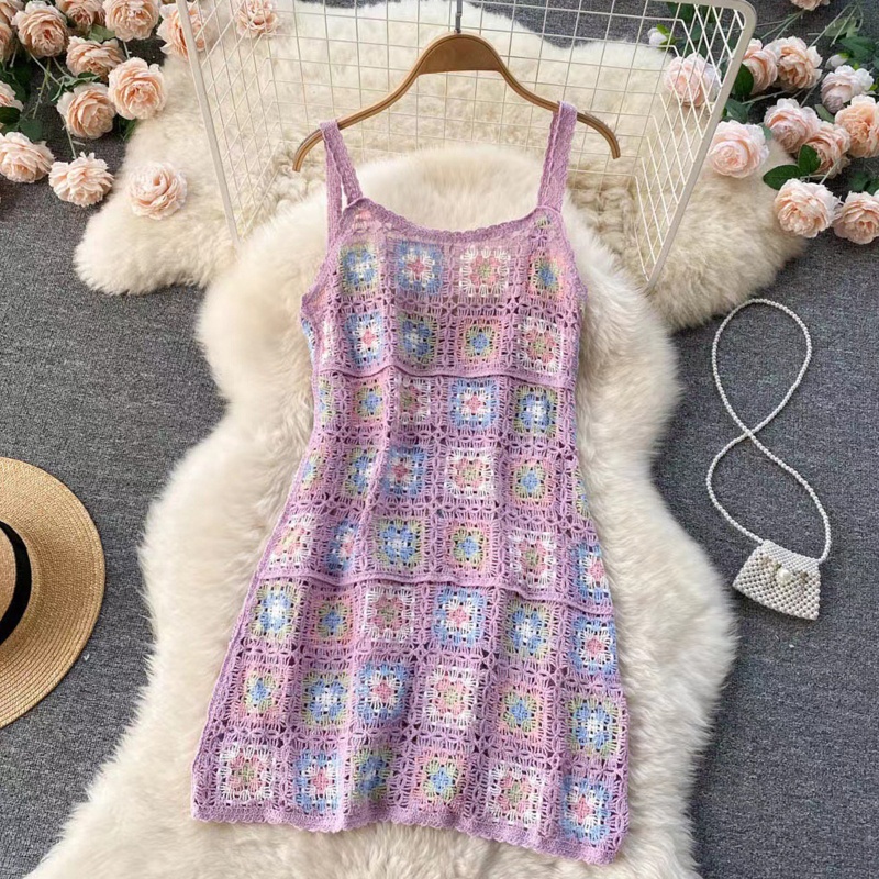 Đầm Midi Chữ A Hai Dây Dệt Kim Hở Lưng Họa Tiết Hoa Nhiều Màu Phong Cách Boho Thời Trang Đi Biển Cho Nữ