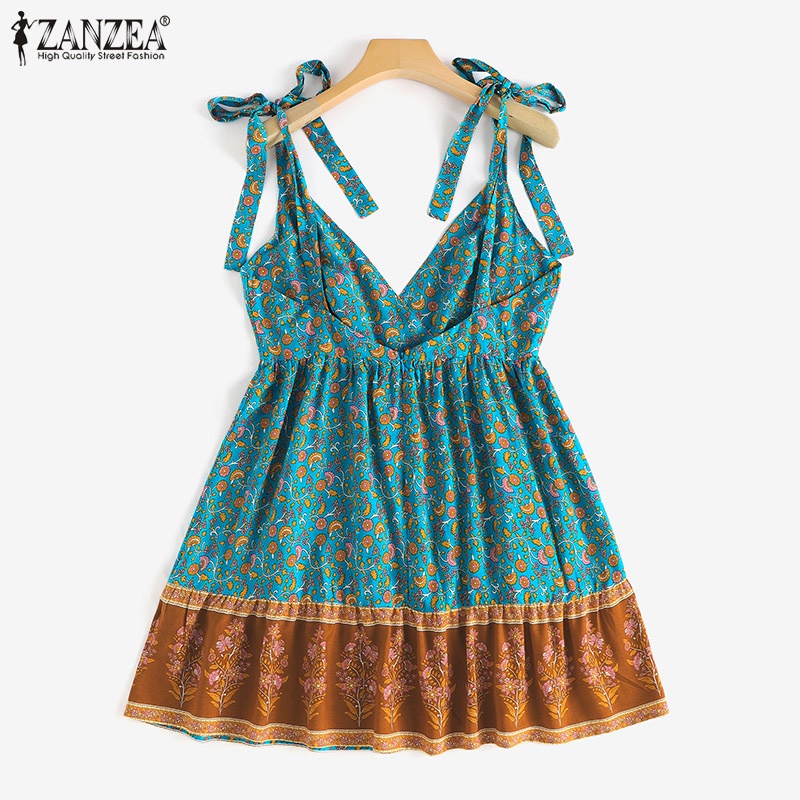 Zanzea Đầm Hoa Cổ V Hở Lưng Không Tay Thời Trang Nữ