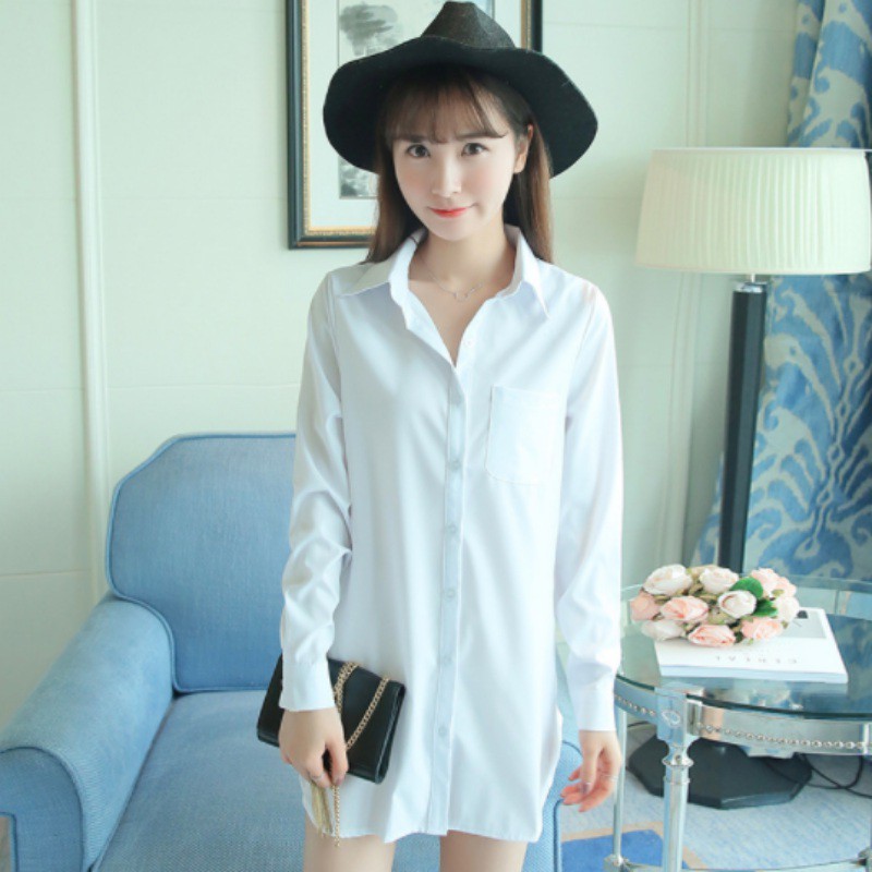 Đầm sơ mi tay dài cổ bẻ dáng rộng cho nữ