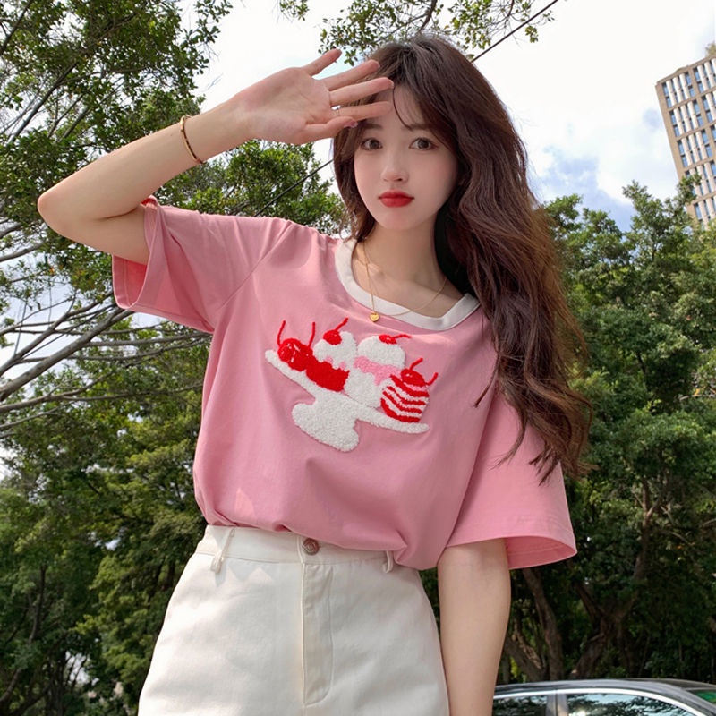 Áo Thun Tay Ngắn Cổ Thêu Mới Cho Nữ