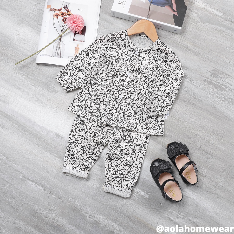 Bộ dài tay bé gái thun cotton, bộ babydoll bé gái mặc ngủ tay bèo cài nút Áo Lá Homewear A002