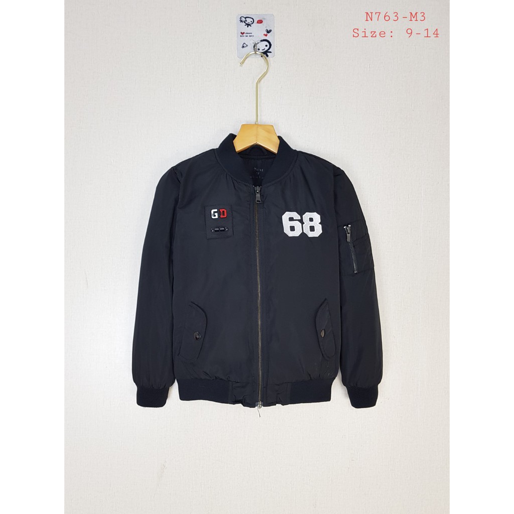 N763-M1- Aó Khoác bé trai, nỉ, dài tay, lót bông, giữ ấm tốt, in số 68, màu đen, size nhỡ 9, 13, made in Việt Nam