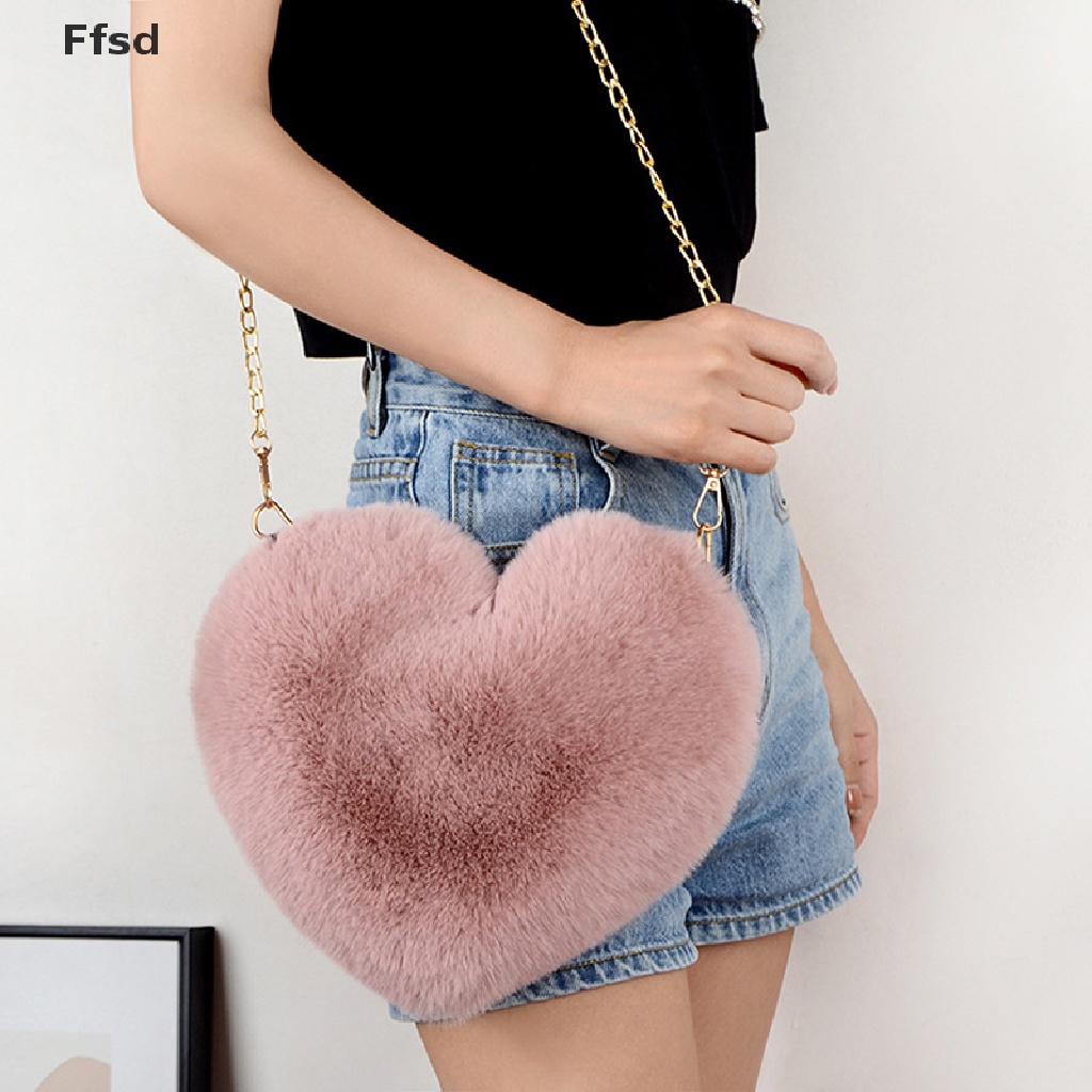 {Ffsd} Túi Đeo Chéo Vai Dạng Ví Hình Trái Tim Lông Giả Phối Dây Xích Cho Nữ * Hàng Bán Chạy *