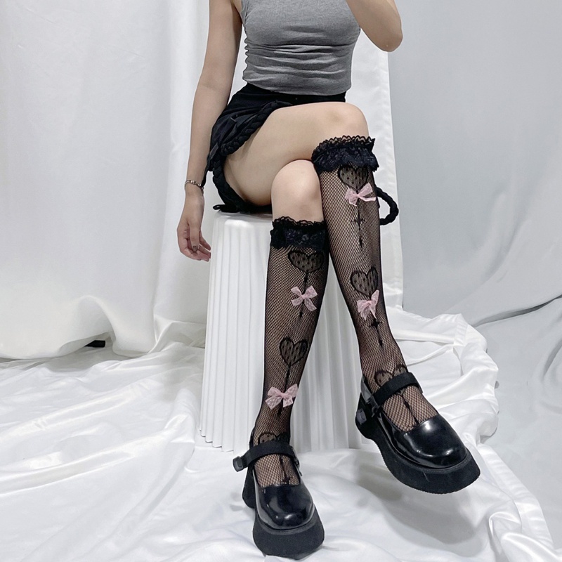 Youyo Vớ Lưới Dài Tới Đầu Gối Phối Ren Rỗng Họa Tiết Kẹo Mút Trái Tim Ngọt Ngào Phong Cách Gothic Punk Dễ Thương Dành