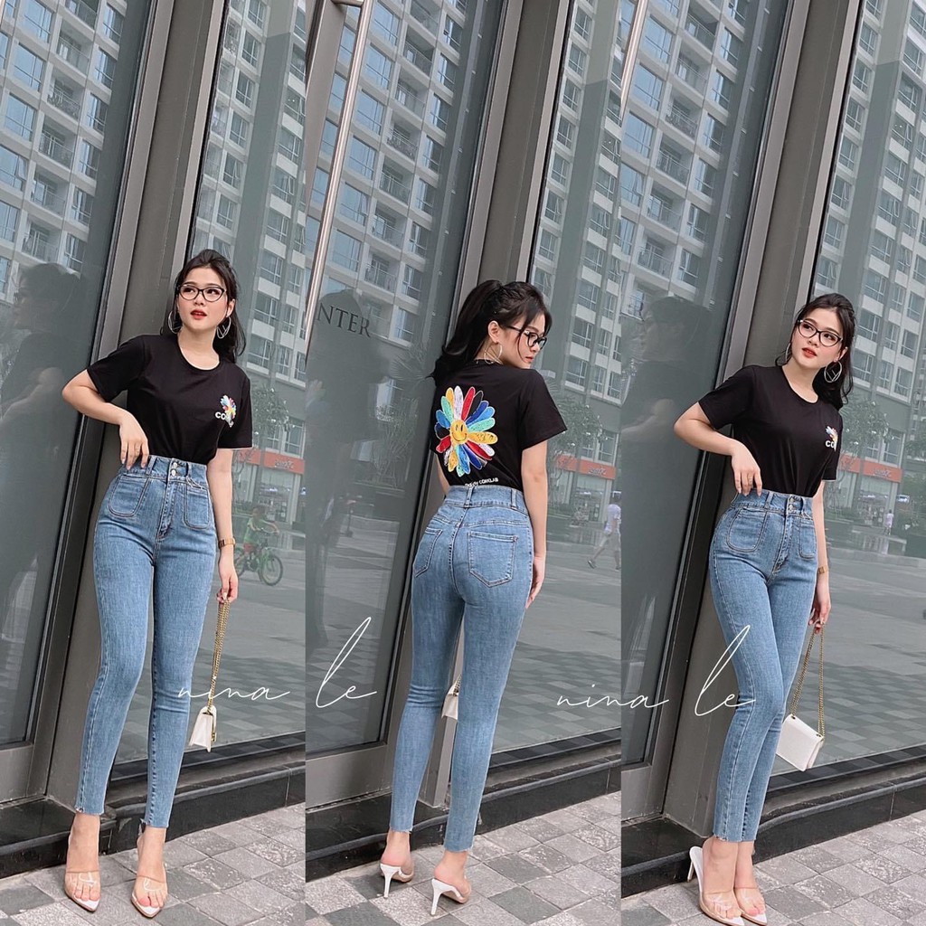Quần Jeans cạp cao ôm giãn hai khuy hai túi bầu trước