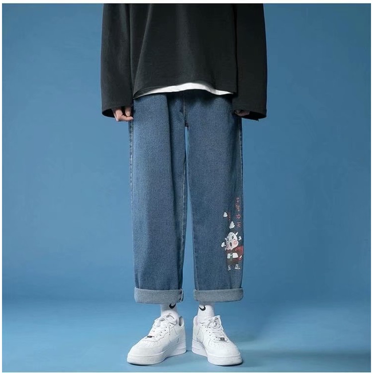 Quần Jean Dài Oversize In Họa Tiết Hoạt Hình Phong Cách Hàn Quốc Thời Trang Cho Nam Size S-3XL