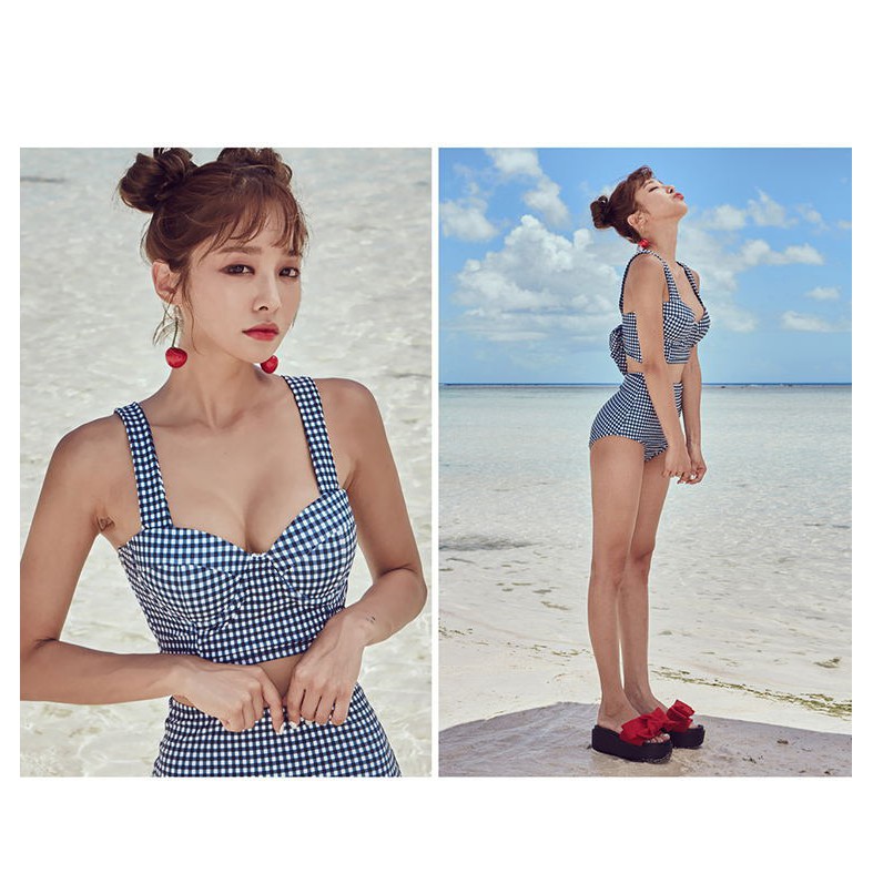 Bộ bikini đi biển cao cấp kẻ caro xanh lam | BigBuy360 - bigbuy360.vn