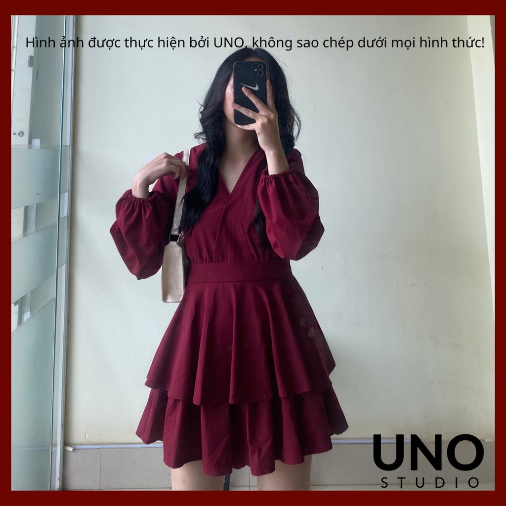 Jum váy đỏ tay dài 2 tầng xoè phong cách Hàn Quốc đơn giản